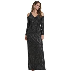 Calvin Klein Black Sequin Column Gown Geometric Pattern Size 16 NWOT